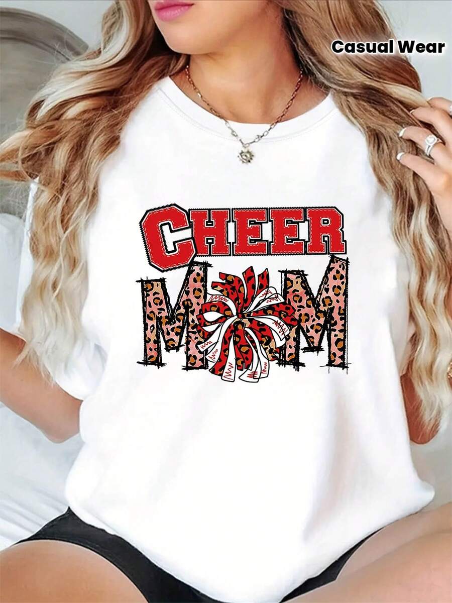 Nueva Camiseta de Moda para Mujer con Cuello Redondo, Estampado de Leopardo y Patrón de Pompones de Animadora CHEER MOM, Estilo Casual de Talla para Primavera Verano, Diseño Versátil Listo para el Verano.