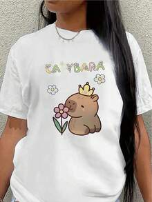 Camiseta de manga corta, ligera y duradera, con un lindo diseño de capibara con corona y flores, perfecta para descansar en casa, comer o realizar actividades al aire libre.blusas para mujer>ropa - Blanco - Ver 7