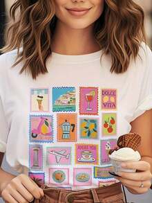 Camiseta Casual de Verano para Mujer con Estampados Vibrantes, Diseño de Limón, Gelato y Vino - Manga Corta, Cuello Redondo, Top para Todas las Temporadas, Top Casual de Verano |   Camiseta con Diseño Vibrante |   Ajuste cómodo, moda italiana - Blanco 2 - Ver 7