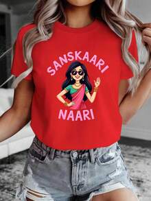 Sanskaari Naari Camiseta de Mujer India Pura y Cómoda - [Rojo] - Ver 12
