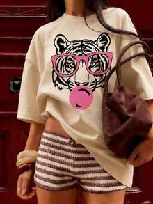 Green Short-Sleeved T-Shirt With A Round Neck, Loose And Versatile, Featuring A Tiger Mouth And Bubble Print, Fashionable Casual Vacation Wear, Suitable For Everyday Use And Holidays. Round Neck, 100% Cotton, Soft Fabric, Short Sleeve - 杏 - 查看 7