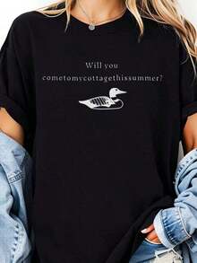 Women's Heavyweight Pure Cotton T-Shirt, Casual Summer Style, Vintage Hockey And Romance Print, Round Neck, Short Sleeves, Fashionable For All Seasons, Ideal For Everyday Wear, Streetwear, Basic Tops For Ladies. Best Seller. - 黑色 - 查看 1