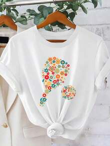 Camiseta de Mujer% Algodón, Estilo Moderno Minimalista, Camiseta Vintage de Pickleball para Mujer - Blusa de Manga Corta con Cuello Redondo y Estampado Gráfico Floral y de Pala de Pickleball - Top Transpirable Casual y Deportivo para Primavera Verano, Ropa Casual - Lavable aáquina, Adecuada para Entusiastas del Pickleball, Uso Diario Casual - Blanco - Ver 1