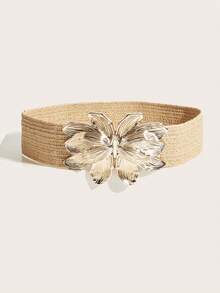 1pc Bohemian Summer Woven PP Straw Women's Waist Belt, Gold Flower Buckle Khaki Elastic Waist Belt, Boho Belt, Waist Trainer, Brown Belt, Belts For Women Dress, Accessories For Women, Match With Dresses, Casual Wear, Suitable For Vacation, Beach Party, Festival Gathering, Music Festival, Summer - Flower Buckle - View 3