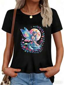 Women's Short-Sleeved T-Shirt With Round Neck And Print Moon Flowers Hs Wings Magic Art S-3XL Fashion, Comfortable And Breathable, Machine Washable - 黑色 - 查看 1