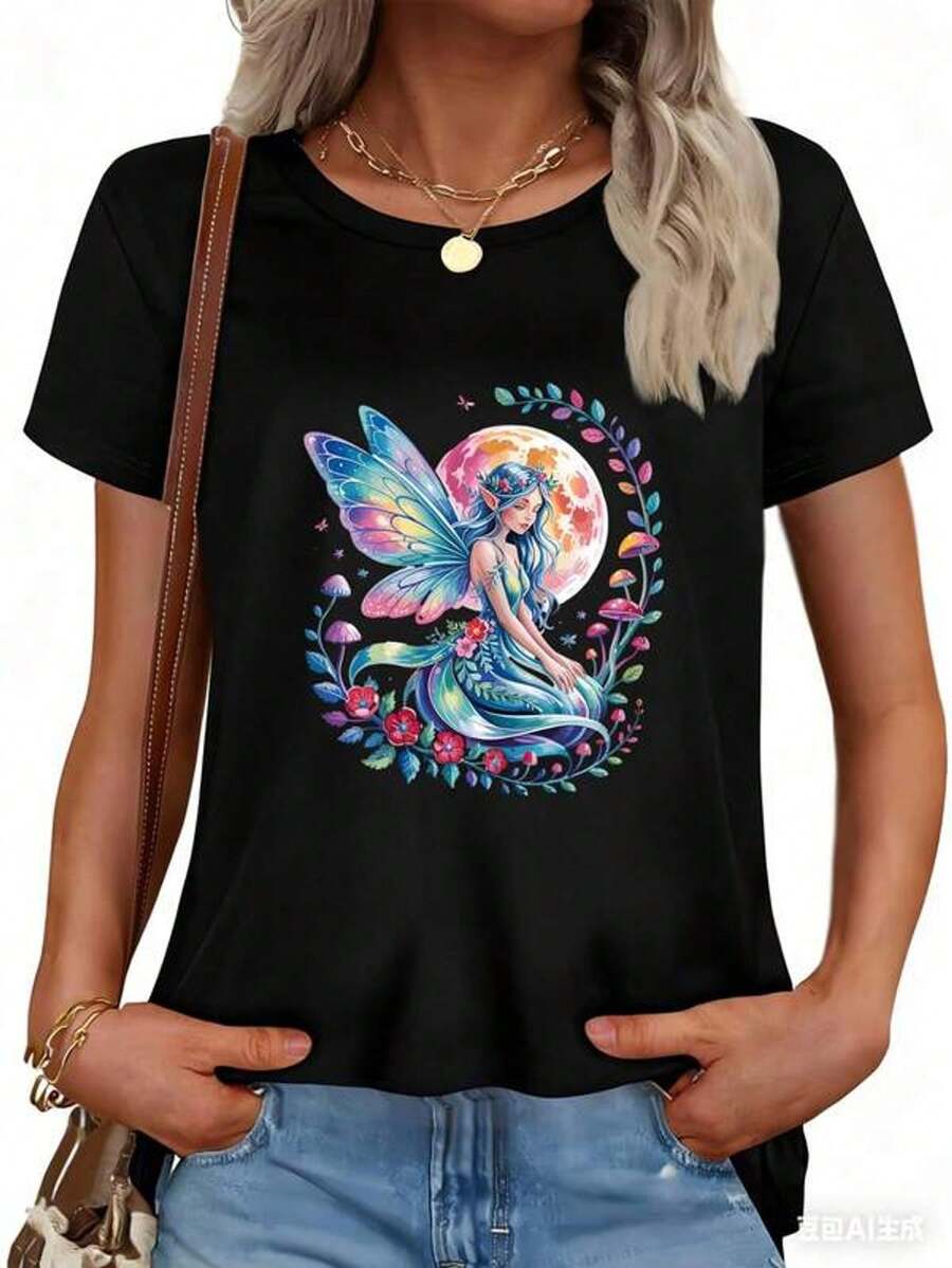 Women's Short-Sleeved T-Shirt With Round Neck And Print Moon Flowers Hs Wings Magic Art S-3XL Fashion, Comfortable And Breathable, Machine Washable - 黑色 - 查看 1