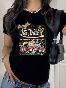A Winged Eye Symbolizing Freedom And Creative Power, Accompanied By A Classic Car Engulfed In Flames Representing Passion And Movement, Is A Modern And Casual Women's T-Shirt For Everyday Wear. - 黑色 - 查看 1