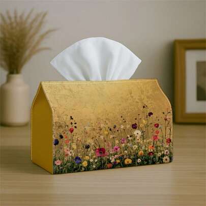 1pc French Luxury Gold-Plated Floral Fabric Tissue Box, Waterproof Dustproof Durable Foldable Tissue Paper Holder, Vintage Oil Painting Style Napkin Box, Suitable For Multiple Scenes Home Decor