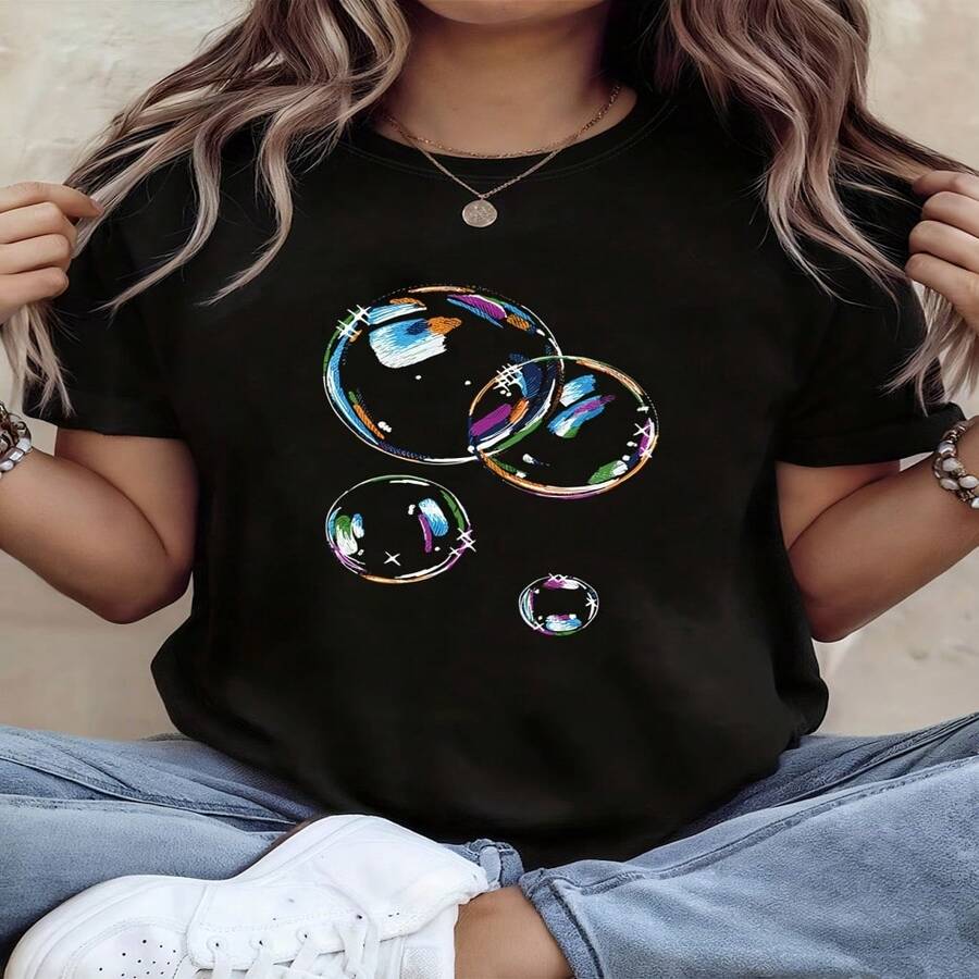 Camiseta casual de mujer de algodón, manga corta, cuello redondo, con estampado de burbujas único y gran elasticidad para mayor comodidad diaria. - Negro - Ver 1
