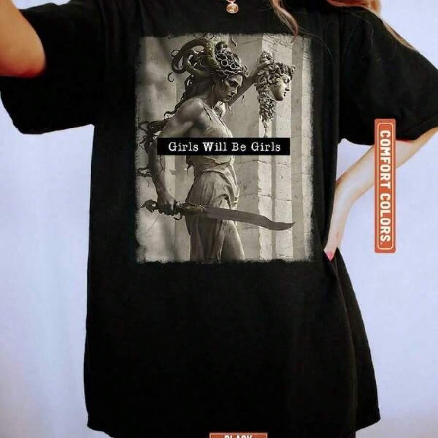 Camiseta "Las chicas serán chicas", Camiseta Medusa con la cabeza de Perseus, Camiseta, Camiseta de empoderamiento para mujeres, Regalo para ella, Camiseta de feminismo - Negro - Ver 1