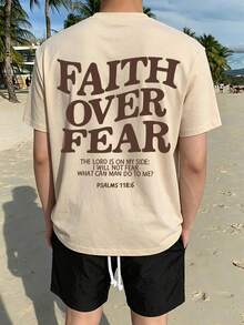 Boys' Casual Street Style T-Shirt, Round Neck Short Sleeve Design, Printed With "Faith Overcomes Fear, The Lord Is With Me, I Will Not Be Afraid, What Can Man Do To Me?", Comfortable And Breathable, Ideal Choice For Summer. Boys Tops / Teen Boys Clothing / Graphic Tee / Kids Wear / Toddler / Teen Boys - Apricot - View 1