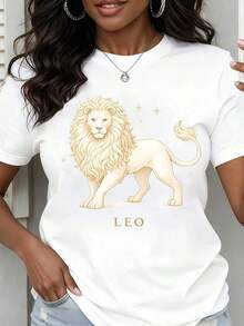 Women's Casual Loose Fit T-Shirt With Leo Zodiac Print, Ideal For Everyday Wear And Astrology Lovers - 白色 - 查看 7