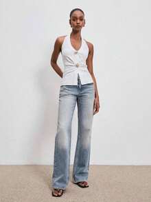 Elegant Solid-Color Sleeveless Blouse With Halter Neck And Fitted Ruching For Women - 黑色 - 查看 7