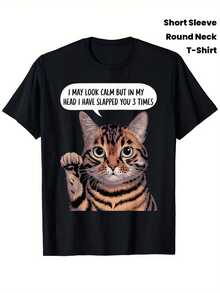 Cat Print T-Shirts For Men And Women, Funny Cat T-Shirt, Round Neck, Short Sleeve Black T-Shirt For Women, Women's T-Shirts - 黑色 - 查看 1