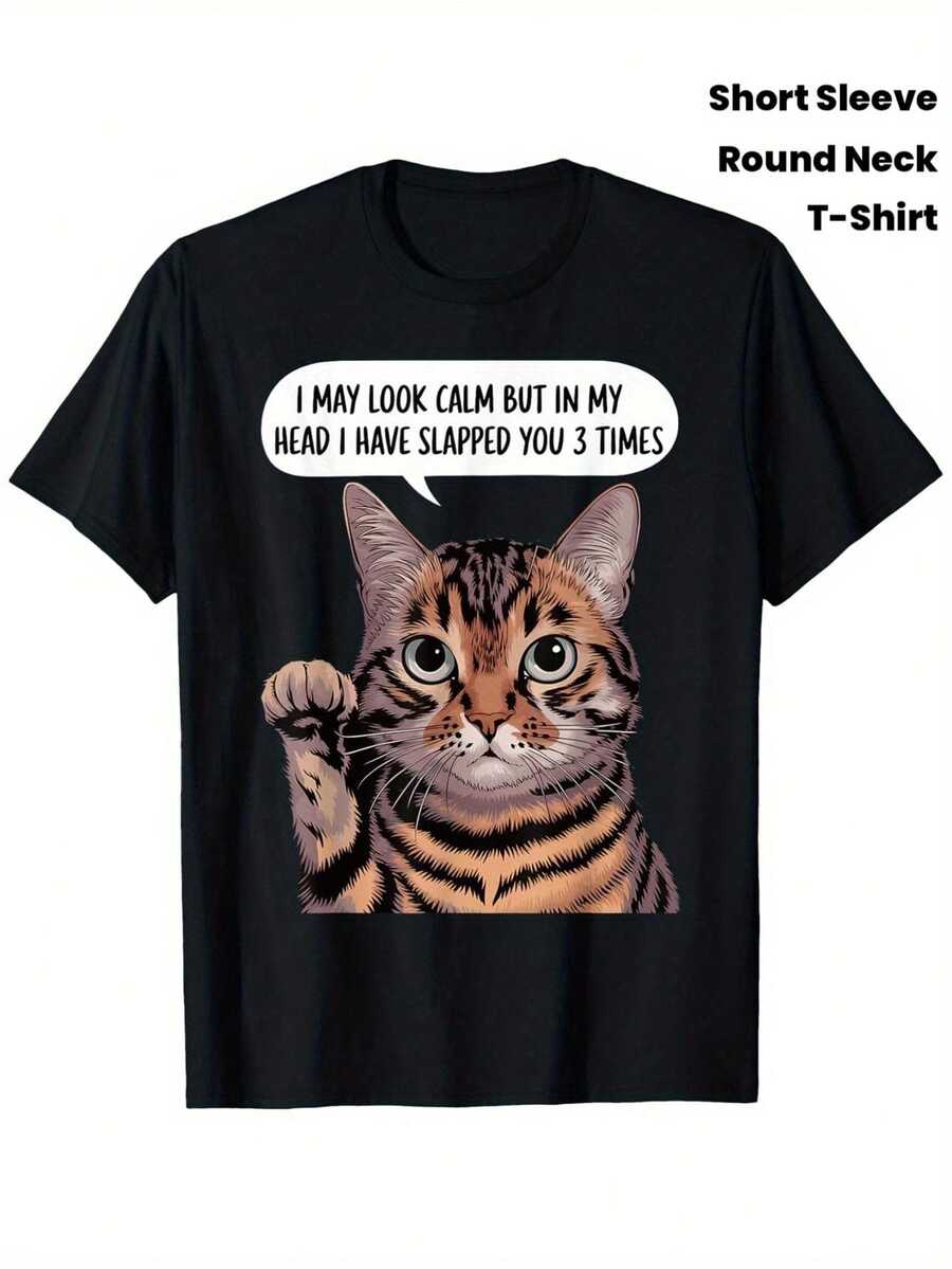 Cat Print T-Shirts For Men And Women, Funny Cat T-Shirt, Round Neck, Short Sleeve Black T-Shirt For Women, Women's T-Shirts - 黑色 - 查看 1