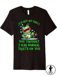 Funny Frog T-Shirt | Unisex - T-Shirt With The Slogan "You Thought It Was Normal, It's Your Fault", Green Frog Smile Design And Poison Arrow, Retro Crew Neck T-Shirt 100% Soft, Regular Casual Fit, Black T-Shirt With Bright Green Print, Plus Size. - 黑色 - 查看 8