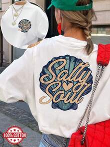 [Double-Sided Print] Women's Spring And Summer Clothing, Women's Tops, Vintage Style, Shell And Heart Design, Salty Style, Versatile, Short Sleeve, Off-The-Shoulder, Pure Cotton Oversized T-Shirt [Quan K] - 白色 - 查看 1