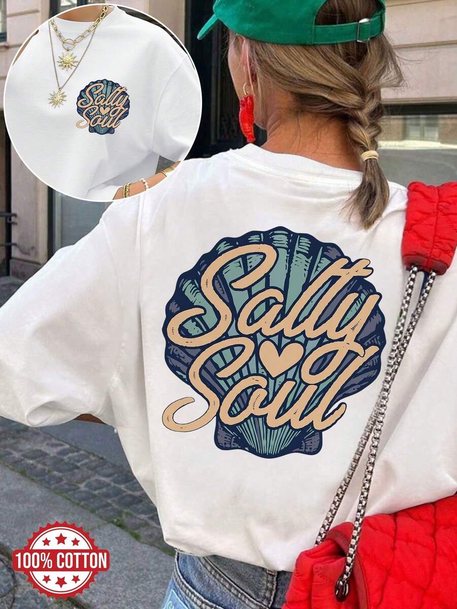 [Double-Sided Print] Women's Spring And Summer Clothing, Women's Tops, Vintage Style, Shell And Heart Design, Salty Style, Versatile, Short Sleeve, Off-The-Shoulder, Pure Cotton Oversized T-Shirt [Quan K] - 白色 - 查看 1