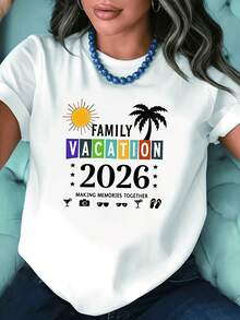 Camiseta de diseño simple y versátil, con estampado de letras de vacaciones familiares, camiseta blanca de manga corta y cuello redondo, lavable a máquina, estilo casual, ajuste cómodo, diseño moderno, versátil para el uso diario, tela suave, camiseta de algodón de estilo moderno. - Blanco - Ver 1