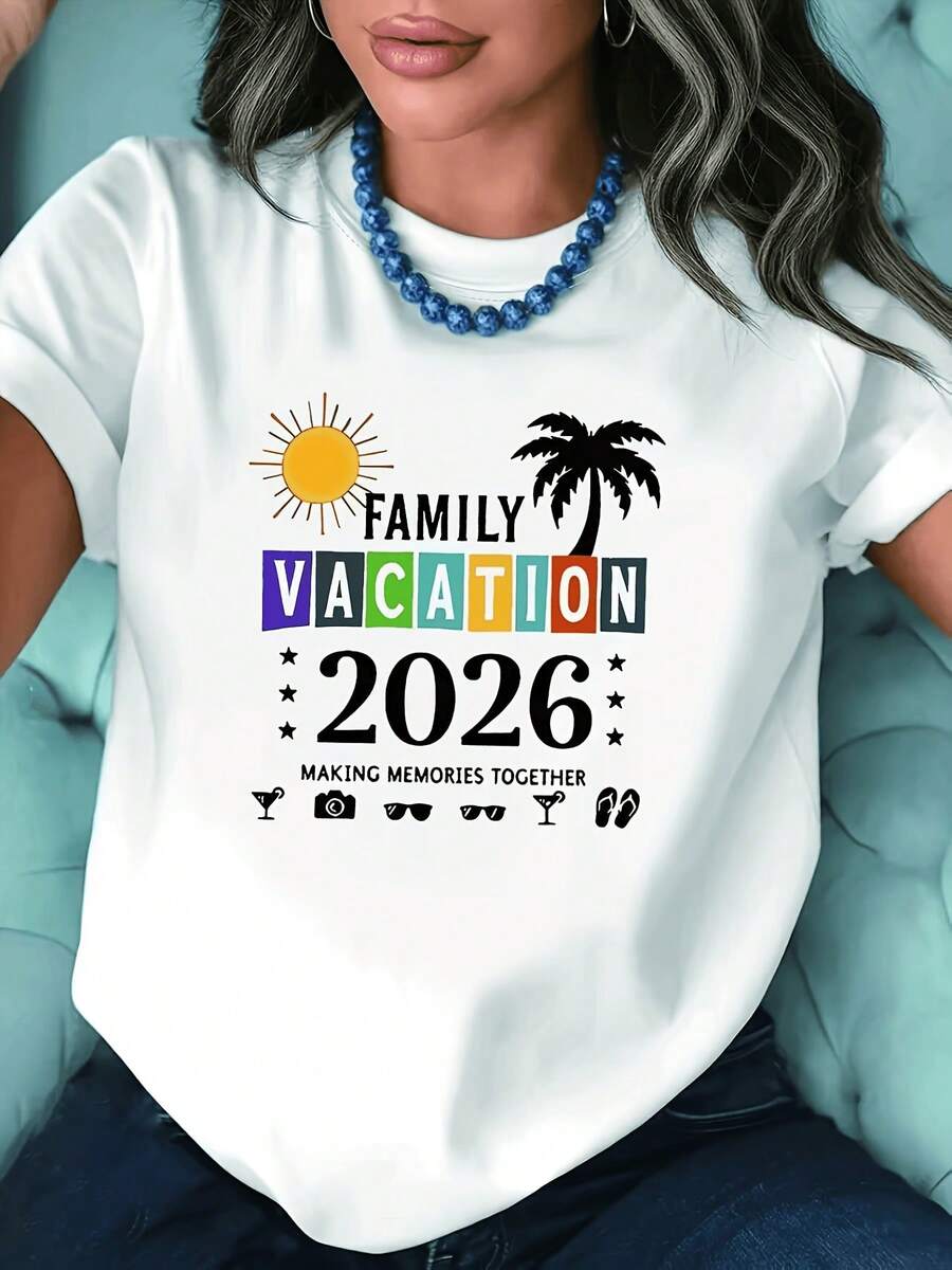 Camiseta de diseño simple y versátil, con estampado de letras de vacaciones familiares, camiseta blanca de manga corta y cuello redondo, lavable a máquina, estilo casual, ajuste cómodo, diseño moderno, versátil para el uso diario, tela suave, camiseta de algodón de estilo moderno. - Blanco - Ver 1