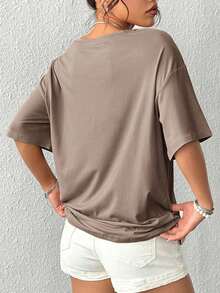 Women's Round Neck And Drop Shoulder T-Shirt, Minimalist And Fashionable, Ideal For Summer - 卡其色 - 查看 2