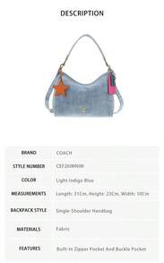 Coach 女款單肩斜背包 Laurel 素色 CEF26IMNIM - 淺靛藍色CEF26IMNIM - 查看 7