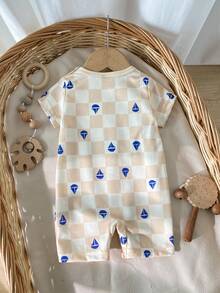Baby Boys Summer Romper, Checkerboard Sailboat Print Short Sleeve Breathable For Baby Boys - Apricot - View 2