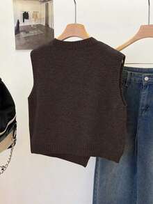 1 pieza Chaleco sin mangas de punto de unicolor con cuello redondo corto, diseño asimétrico con botones, accesorio de moda, chaleco versátil de punto para el verano - Café integral - Ver 2