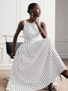 Sleeveless Maxi-Style Long Dress With Split Design And Polka Dot Print, Sleeveless A-Line Midi Dress With White Base And Black Polka Dots, Fitted High-Waisted Design, Minimalist Retro Polka Dot Element, Lightweight And Flowing Fabric, Suitable For Casual Wear, Parties Or Work, Versatile Spring And Summer Dress For Ladies - 黑色 - 查看 1