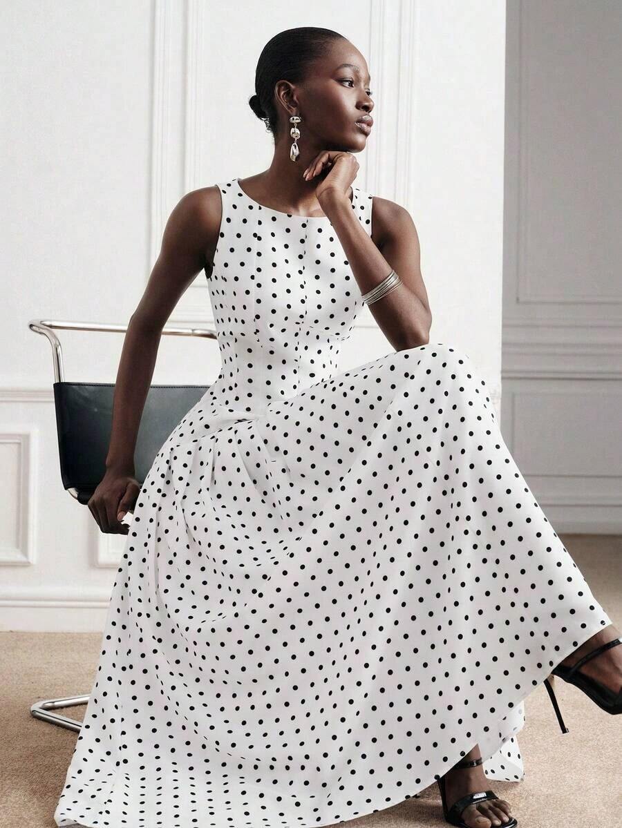 Sleeveless Maxi-Style Long Dress With Split Design And Polka Dot Print, Sleeveless A-Line Midi Dress With White Base And Black Polka Dots, Fitted High-Waisted Design, Minimalist Retro Polka Dot Element, Lightweight And Flowing Fabric, Suitable For Casual Wear, Parties Or Work, Versatile Spring And Summer Dress For Ladies - 黑色 - 查看 1