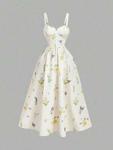 MOD Vestido midi elegante con cintura fruncida y estampado floral vintage para mujer, atuendo de vacaciones, atuendo de verano para mujer, ropa occidental para mujer, atuendo de campo, ropa de playa para vacaciones, Día de San Valentín, vestido bohemio para mujer - Multicolor 3 - Ver 2