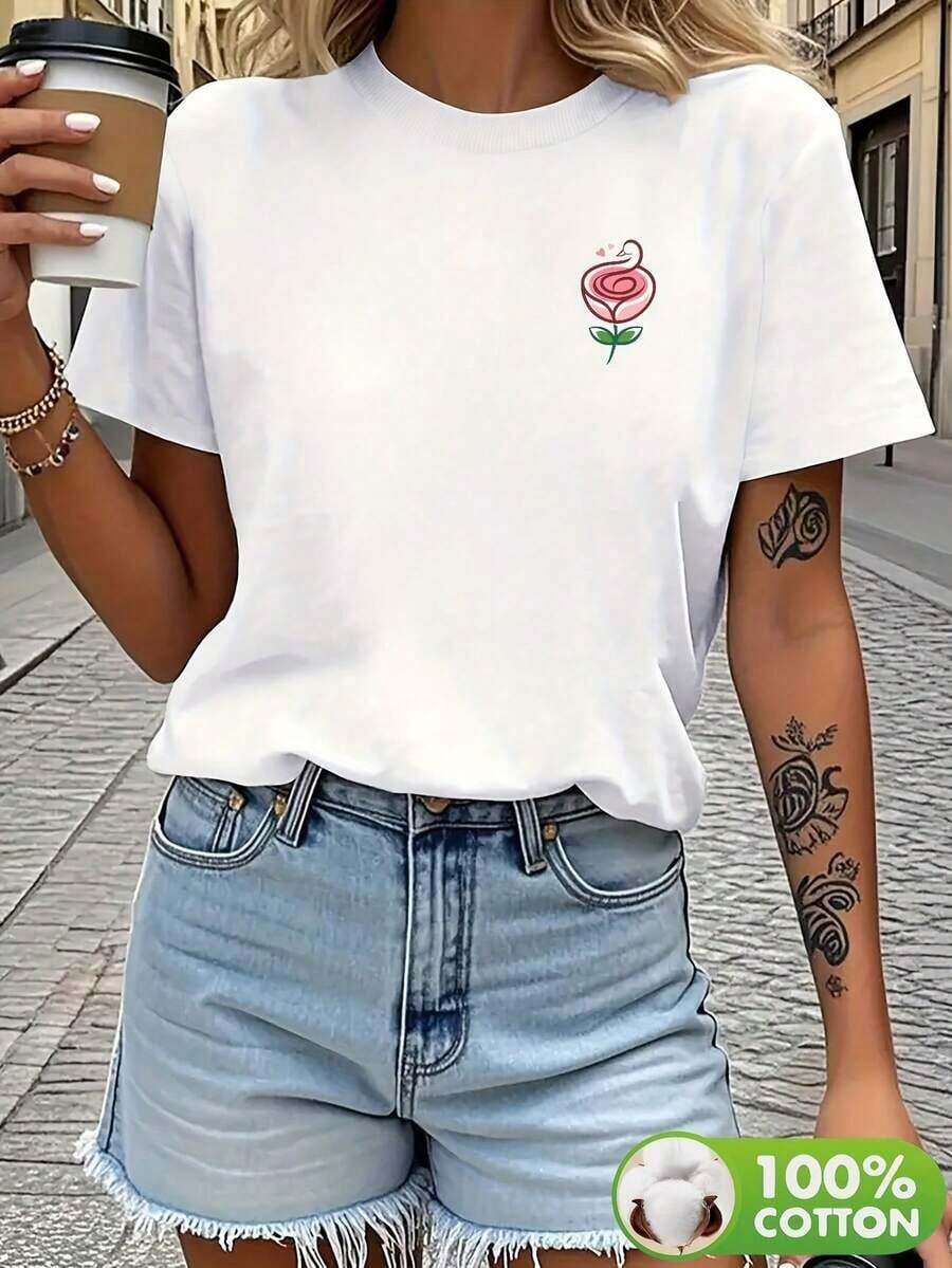Blusa de manga corta con cuello redondo para mujer, con estampado floral en la parte delantera (2), transpirable y cómoda. - Blanco - Ver 1