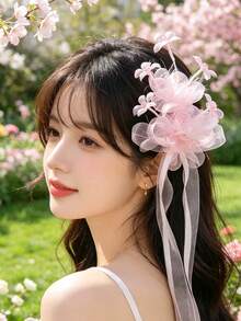 1pc Gauze Ribbon Headpiece, Ethereal Headwear For Wedding, Banquet, Suitable For Women And Girls,Combs - 9847 Pink - View 7