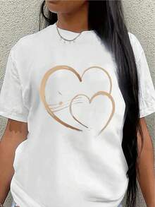 Short-Sleeved Polyester T-Shirt, Decorated With A Heart-Shaped Musical Note Pattern, Lightweight And Durable, Suitable For Casual Wear, Whether At Home, In The Office, Or At A Restaurant; Comfortable And A Good Fit For Everyday Wear. Women's Casual Blouse - 白色 - 查看 7