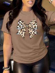Women's Oversized Brown Summer 2026 T-Shirt, Two Designs: Leopard Print Bow And Butterfly With Slogan. Unique Graphic Summer T-Shirt, Flattering And Eye-Catching Style, Available In Two Prints. - YH606-棕色 - 查看 1