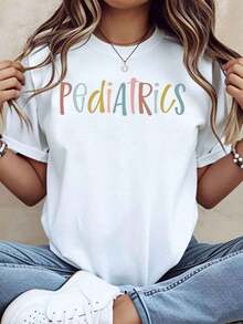 Modern Minimalist Cotton T-Shirt With Pediatric Text Print, Casual Clothing For Women And Girls, Everyday Casual Wear - 白色 - 查看 1