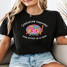 Plus Size - Plus Size - Happiness Knitting One Stitch At A Time Graphic Print Women's Plus Size T-Shirt, Casual Short Sleeve Crew Neck Top For Summer And Spring, Women's Clothing S-XXXL - 黑色 - 查看 1