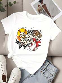 Women's Crew Neck T-Shirt, Baseball And Softball Design "Ballpark Mama", Short Sleeve For Casual Outings And Sporting Events, Casual Blouses For Ladies - 白色 - 查看 2