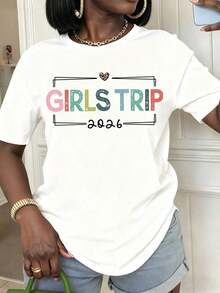1 Piece Of Women's Summer T-Shirt With Colorful Text Design, Casual Style, Round Neck, Short Sleeve, Ideal For Summer Vacation And Travel, Gifts For Friends And Family. - 白色 - 查看 6