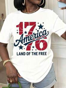 1 Piece Of Women's Summer T-Shirt With "America 1776 Land Of The Free" Print, Casual Short-Sleeved Crew Neck T-Shirt, Patriotic Summer Gift For Her. Women's T-Shirts. - 白色 - 查看 7