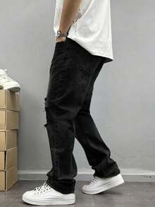 Men's Loose Distressed Casual Denim Jeans - Fashionable Relaxed Fit - Black - View 3