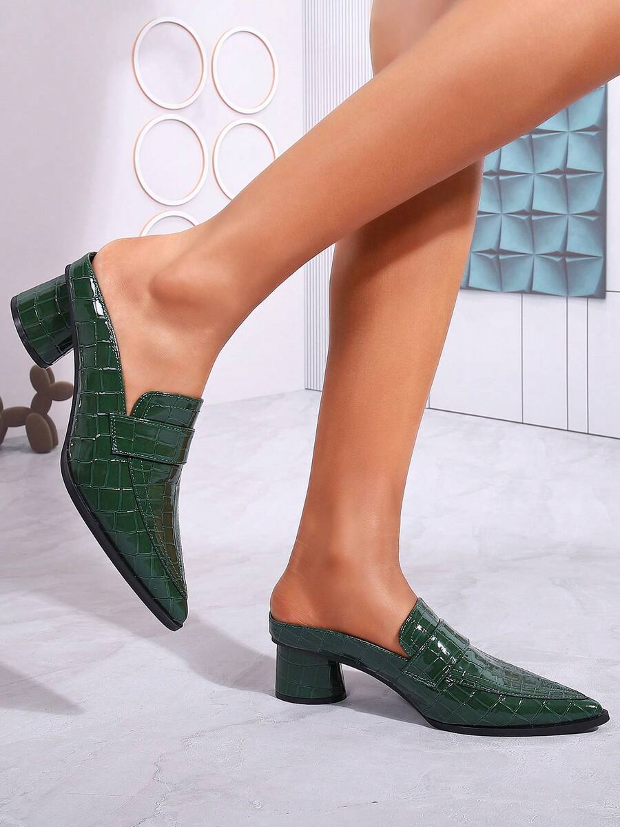 Zapatos mule con punta puntiaguda y estampado de cocodrilo, sandalias de tacón grueso y redondo cerradas, mocasines para uso diario de mujer - Verde - Ver 1