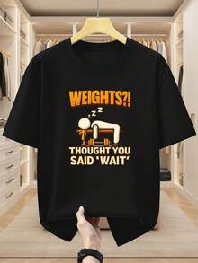 Men's Plus Size T-Shirt, 100% Cotton, Fun Fitness Print "Lazy Body Feel", Short Sleeve Crew Neck T-Shirt, "Do You Want To Stay Lying Down?" Wait For Your Break. Comfortable And Casual Short Sleeve T-Shirt For Summer, PLUS SIZE - 黑色 - 查看 1