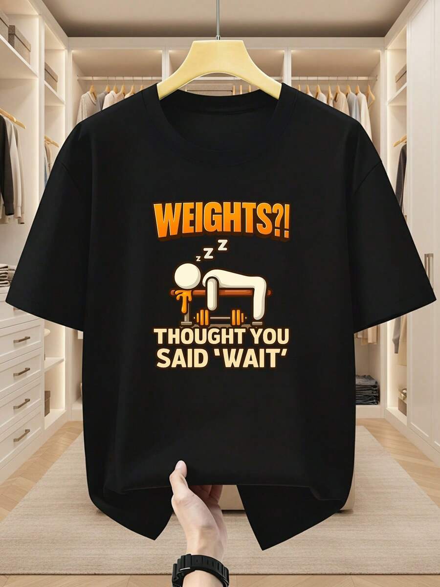 Men's Plus Size T-Shirt, 100% Cotton, Fun Fitness Print "Lazy Body Feel", Short Sleeve Crew Neck T-Shirt, "Do You Want To Stay Lying Down?" Wait For Your Break. Comfortable And Casual Short Sleeve T-Shirt For Summer, PLUS SIZE - 黑色 - 查看 1