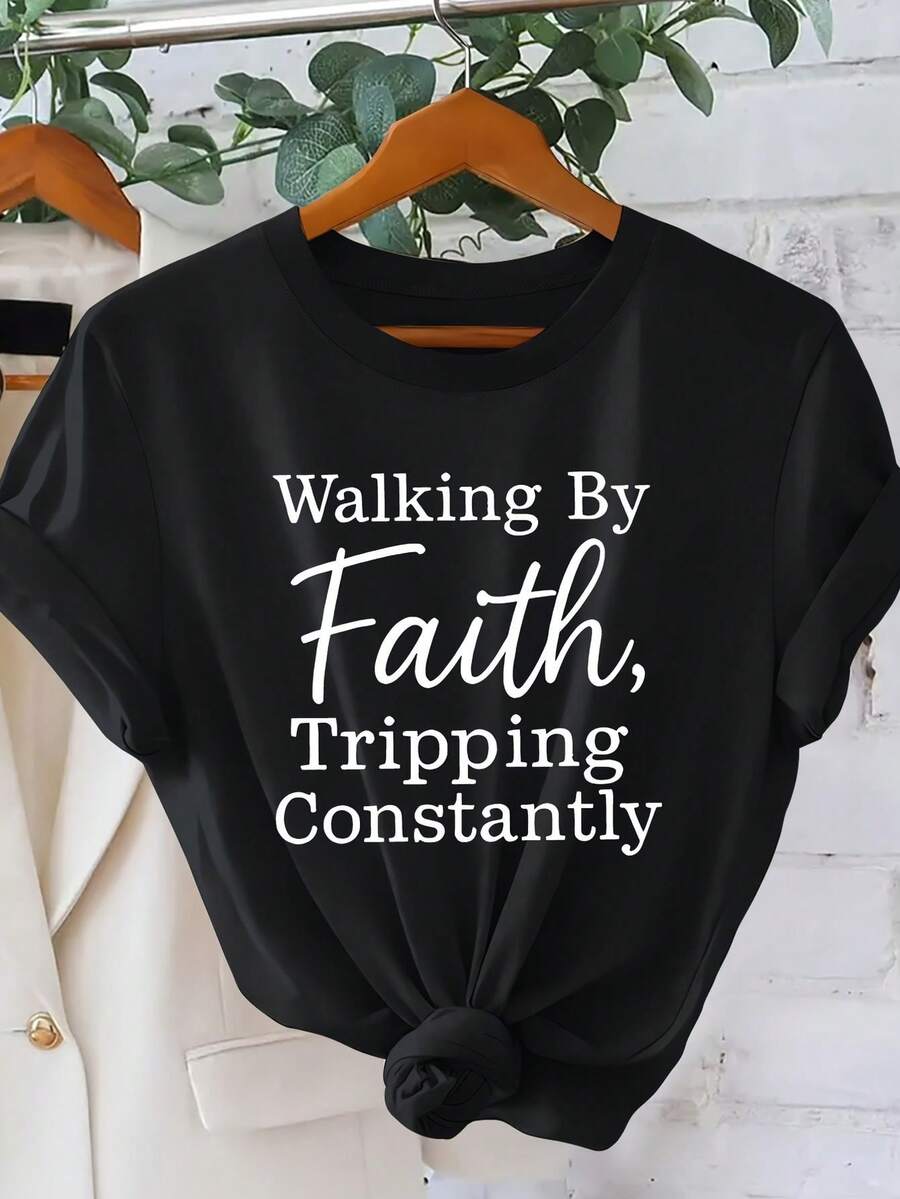 Women's Casual Sports T-Shirt With Faith Quote Design - Black Knotted T-Shirt, Elastic And Round Neck, Machine Washable, Comfortable Fit For All Seasons, Casual Clothing With Inspirational Message. - 黑色 - 查看 1