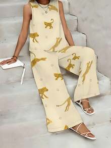 2026 Summer New Styles Cheetahs In Various Poses On Cream Background Plus Size Women's Tank Top Straight Leg Pants Set Summer Stylish, Elegant Commuter Casual And Comfortable 2pcs - 白色 - 查看 3