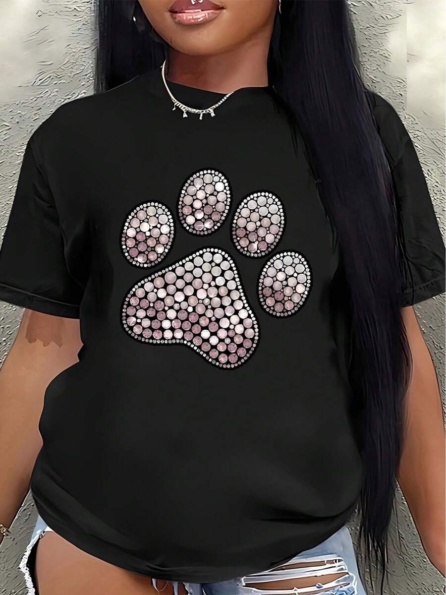 Short-Sleeved Polyester T-Shirt, Adorned With A Rhinestone Paw Print Design, Lightweight And Durable, Suitable For Lounging At Home Or Outdoor Activities, An Ideal Choice For Pet Lovers In The Living Room Or At The Park. Casual Women's Blouse - 黑色 - 查看 1