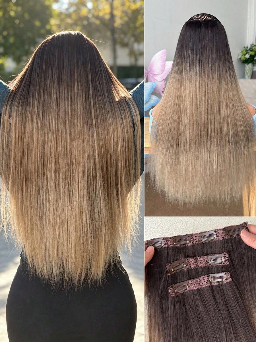 3pcs Black & Brown 22-Inch Straight Hair Clip Extensions, 3pcs Gold Fluffy Tangle-Free Wavy Hair Clip Extensions In Silver, Deep Brown, White & Gray