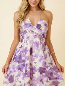 Women's Floral Halter Neck Mini Dress Ruched Backless A-Line Maternity Party Dress With Adjustable Self-Tie - 紫色 - 查看 4