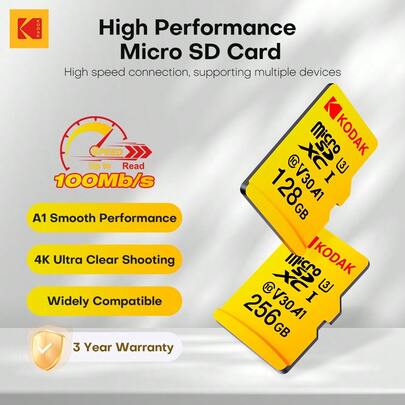  Kodak 128GB 256GB 64GB 32GB High-Speed Micro SD Card, 100MB/S A1 Class10 UHS-I V30 U3 TF Card, Suitable For Camera, Phone, Gaming